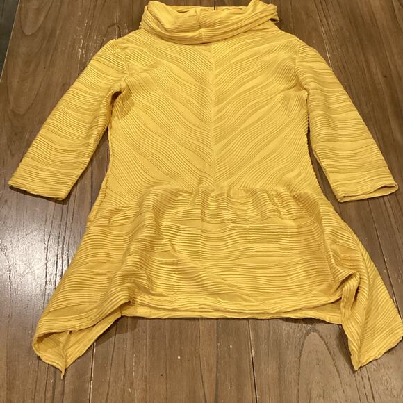 Vintage Lisa Rene cowl neck 3/4 sleeve yellow swirl pattern tunic mini dress L - Picture 3 of 10